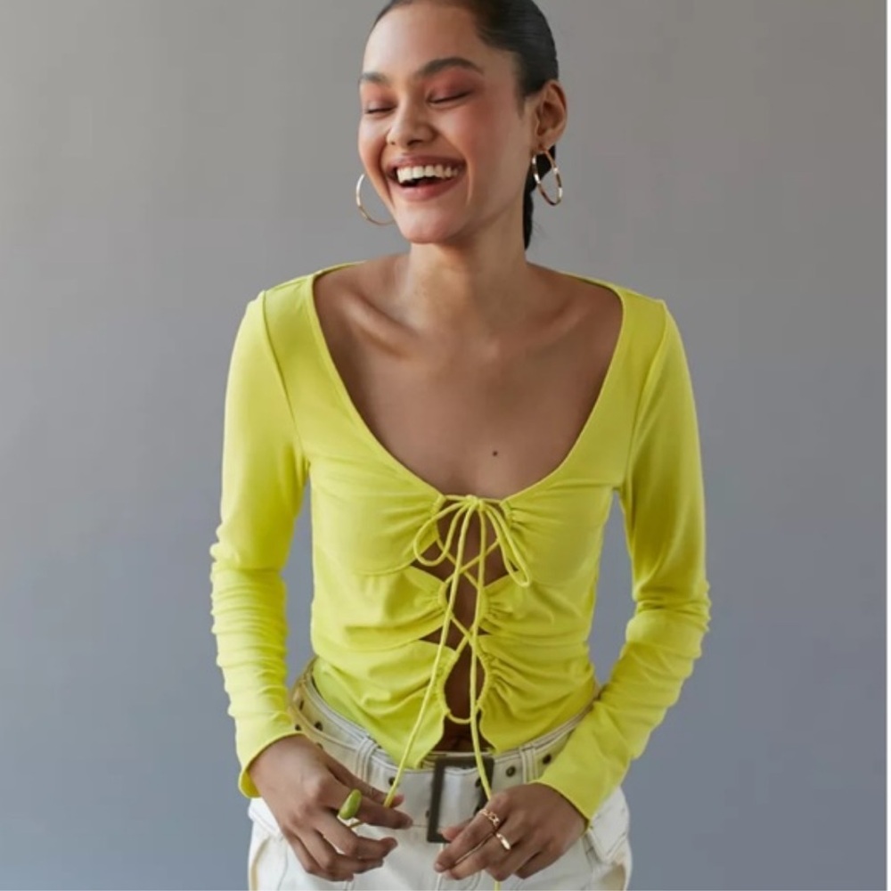 NWT NEW Urban Outfitters UO Elena Drawstring Cutout Top Neon Lime - Org. $45 - L
